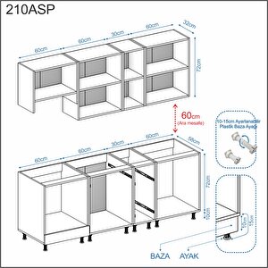 Dekorex Elsa Serisi 210 Cm Beyaz Aspiratör Ve Fırın Modüllü Meşe Tezgahlı Hazır Mutfak Ls-210asp-mt