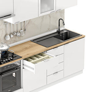 Dekorex Elsa Serisi 225 Cm Beyaz Aspiratör Ve Fırın Modüllü Meşe Tezgahlı Hazır Mutfak Ls-225asp-mt