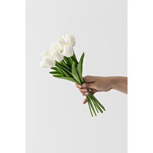 Yapay 10'lu Islak Lale Buketi Gerçeksi Doku Beyaz