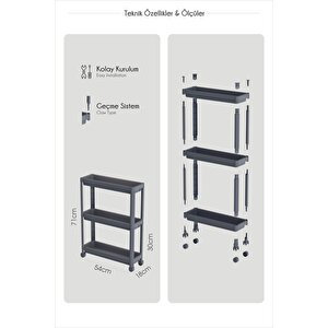 Flex Elite Pro 3 Katlı Beyaz Tekerlekli Çok Amaçlı Raf Ünitesi – Banyo, Mutfak & Organizer - S-75
