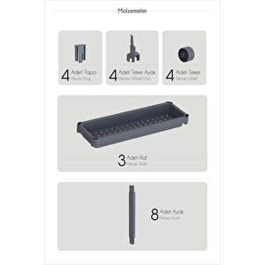 Flex Elite Pro 3 Katlı Beyaz Tekerlekli Çok Amaçlı Raf Ünitesi – Banyo, Mutfak & Organizer - S-75