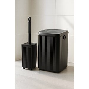 Lines Serisi Siyah 2'li Banyo Seti, Akrilik Kare 5 Litre Çöp Kovası, Tuvalet Fırçası Takımı 3460