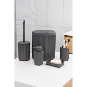 Lines Serisi Gri Banyo Seti, 5 Parça Lüks Akrilik Çöp Kovası, Fırça, Sabunluk Banyo Aksesuar Seti 3375