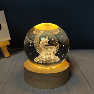 Dekoratif Ay Içinde Unicorn Tasarımlı Ahşap Altlıklı Işıklı Cam Küre Cam Büyük Boy 8 Cm Mz4-2312