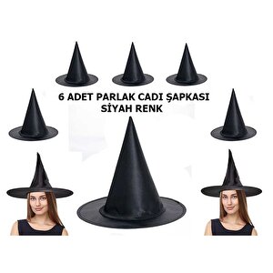 Halloween Siyah Renk Parlak Dralon Cadı Şapkası Yetişkin Ve Çocuk Uyumlu 6 Adet
