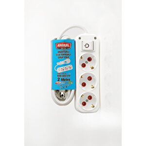 3 Lü Topraklı Anahtarlı 2 Metre Kablolu Grup Priz