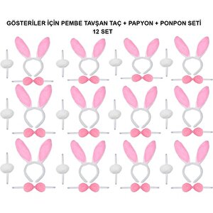 Pembe Tavşan Kostüm Seti – Taç, Papyon, Ponpon (12 Li Paket)