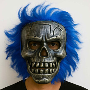 Wild Skull - Gümüş Kafatası Mavi Saçlı İskelet Maske