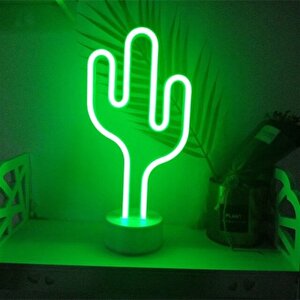 Neon Işıklı Kaktüs Masa Gece Lambası Usb+pil