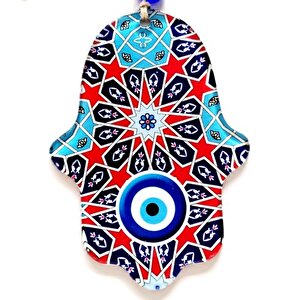 Yıldız Ve Nazar Boncuğu Desenli Fatma Ana Bereket Eli Füzyon Cam Duvar Süsü