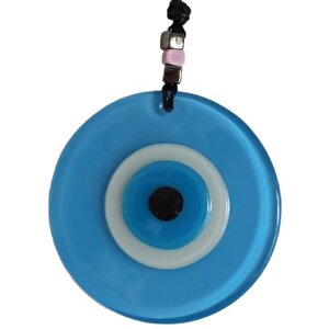 Nazar Boncuklu Deri İpli Bebe Mavisi Renginde Cam Duvar Süsü