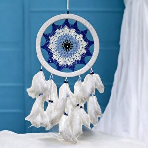 Saks Mavisi Nazar Motifli Kuş Tüylü Duvar Süsü