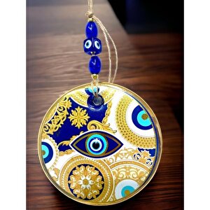 Sarı Motifli Mavi İşlemeli Nazar Boncuk Gözlü Duvar Süsü
