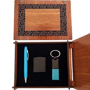 Dekoratif Ahşap Kutulu Çakmak Ve Mavi Kalem Anahtarlık Set