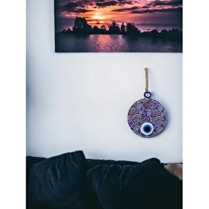 Mandala Desen Mavi Mor Nazar Boncuklu Füzyon Cam El İşçiliği 12 Cm Duvar Süsü Nazarlık Hediyelik Eşya