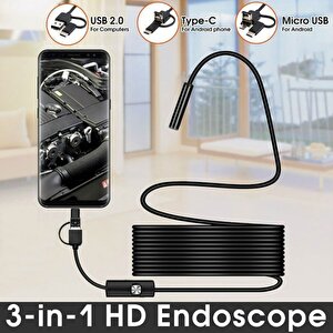 Endoskop 3 In 1 Yılan Kamera Usb Micro Usb Type-c 5m Sert Kablo Çok Renkli