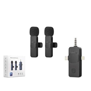 Kablosuz Çift Mikrofon 3.5 Mm + Type-c + Lıghtnıng Siyah Hdx2782