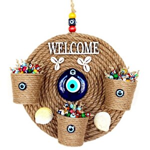 Üç Saksılı Welcome Yazılı Deniz Kabuklu Nazar Boncuklu Hasır Kapı Süsü