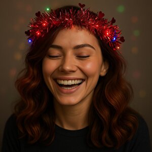 Kalp Püsküllü Gece Parıltısı 3 Modlu Led Li Işıklı Taç Kırmızı Renk