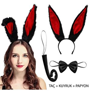 Siyah Kırmızı Peluş Tavşan Kulak Seti Yetişkin Boy