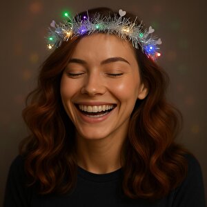 Kalp Püsküllü Gece Parıltısı 3 Modlu Led Li Işıklı Taç Gümüş Renk