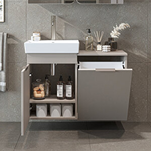 Roomart Dubai Kapaklı Ve Sepetli 92.2 Cm Mdflam Banyo Dolabı, Lavabolu Banyo Alt Dolabı Kumtaşi