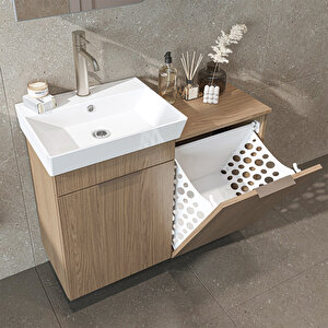 Dubai Kapaklı Ve Sepetli 92.2 Cm Mdflam Banyo Dolabı, Lavabolu Banyo Alt Dolabı Kli̇mt Meşe