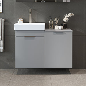 Roomart Dubai Kapaklı Ve Sepetli 92.2 Cm Mdflam Banyo Dolabı, Lavabolu Banyo Alt Dolabı Kül Gri̇