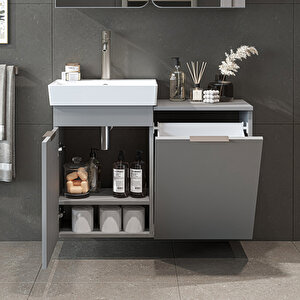 Roomart Dubai Kapaklı Ve Sepetli 92.2 Cm Mdflam Banyo Dolabı, Lavabolu Banyo Alt Dolabı Kül Gri̇