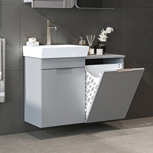 Roomart Dubai Kapaklı Ve Sepetli 92.2 Cm Mdflam Banyo Dolabı, Lavabolu Banyo Alt Dolabı Kül Gri̇