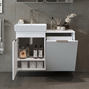 Roomart Dubai Kapaklı Ve Sepetli 92.2 Cm Mdflam Banyo Dolabı, Lavabolu Banyo Alt Dolabı Mat Beyaz