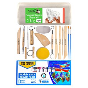 Beyaz Seramik Hamuru 2 Kg Seramik Başlangıç Seti Ebeşuar Modelleme Mydido 12 Renk Akrilik Boya Fırça 70ml Heykel