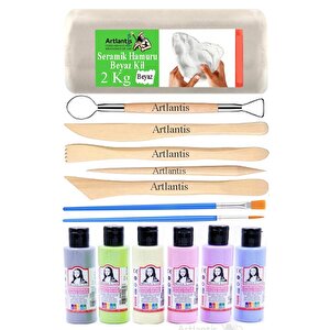 Beyaz Seramik Hamuru 2 Kg Ebeşuar Modelleme Monalisa Pastel 6 Renk Akrilik Boya Fırça 75 Ml Seramik Çamuru Heykel Sanat