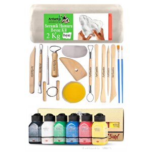 Beyaz Seramik Hamuru 2 Kg Seramik Başlangıç Seti Ebeşuar Modelleme Artdeco 6 Renk Akrilik Boya Fırça 75 Ml Heykel