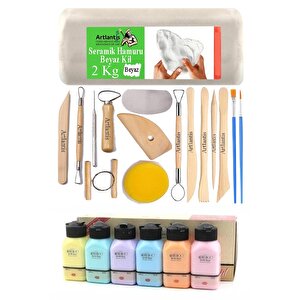Beyaz Seramik Hamuru 2 Kg Seramik Başlangıç Seti Ebeşuar Modelleme Artdeco 6 Renk Pastel Akrilik Boya Fırça 75 Ml Heykel