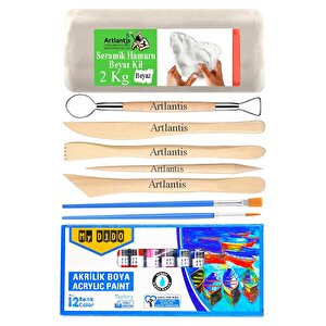 Beyaz Seramik Hamuru 2 Kg Ebeşuar Modelleme Mydido 12 Renk Akrilik Boya Fırça Seramik Çamuru Heykel Sanat Çömlek