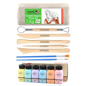 Beyaz Seramik Hamuru 2 Kg Ebeşuar Modelleme Artdeco Pastel 6 Renk Akrilik Boya Fırça 75 Ml Seramik Çamuru Heykel