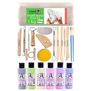Beyaz Seramik Hamuru 2 Kg Seramik Başlangıç Seti Ebeşuar Modelleme Monalisa 6 Renk Pastel Akrilik Boya Fırça 70ml Heykel