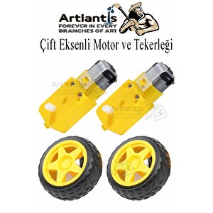 Çift Eksenli Motor 2 Adet Ve Tekerlek 2 Adet Sarı Dc Motor Arduino Robotik Motor Tekerlek Deney Okul Bilim Araba Yapım