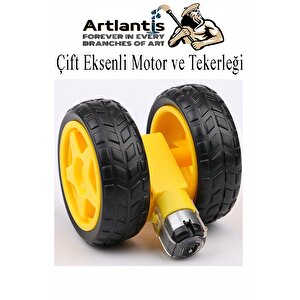 Çift Eksenli Motor 2 Adet Ve Tekerlek 2 Adet Sarı Dc Motor Arduino Robotik Motor Tekerlek Deney Okul Bilim Araba Yapım