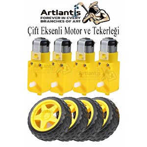 Çift Eksenli Motor 4 Adet Ve Tekerlek 4 Adet Sarı Dc Motor Arduino Robotik Motor Tekerlek Deney Okul Bilim Araba Yapım