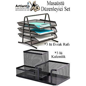 Masaüstü Evrak Rafı Ve Metal Kalemlik Seti 3 Lü Kombo 1 Paket Fileli Perfore Siyah Kalemlik Ataşlık Notluk Düzenleyici