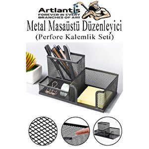 Masaüstü Evrak Rafı Ve Metal Kalemlik Seti 3 Lü Kombo 1 Paket Fileli Perfore Siyah Kalemlik Ataşlık Notluk Düzenleyici