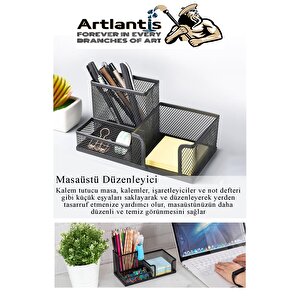 Masaüstü Evrak Rafı Ve Metal Kalemlik Seti 3 Lü Kombo 1 Paket Fileli Perfore Siyah Kalemlik Ataşlık Notluk Düzenleyici