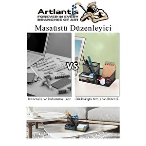 Masaüstü Evrak Rafı Ve Metal Kalemlik Seti 3 Lü Kombo 1 Paket Fileli Perfore Siyah Kalemlik Ataşlık Notluk Düzenleyici