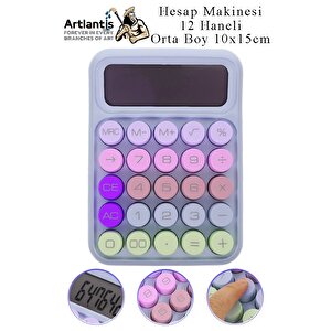 Hesap Makinesi Orta Boy Masaüstü 1 Adet 12 Haneli Yuvarlak Tuşlu Renkli Hesap Makinası 10x15 Cm Renkli Büro Ofis Öğrenci