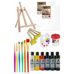 Mini Şövale 25x35 2 Li Tuval Monalisa 6 Renk Akrilik Boya Başlangıç Seti Fırça Palet Ponpon Su Kabı Masaüstü Sanatsal