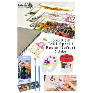 12 Renk Brons Sulu Boya 35x50 Cm Telli Spralli Resim Defteri Resim Paleti Resim Fırçası Temizleme Kabı Suluboya Okul