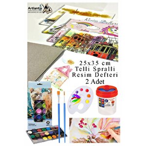 21 Renk Brons Sulu Boya 25x35 Cm Telli Spralli Resim Defteri Resim Paleti Resim Fırçası Temizleme Kabı Suluboya Okul