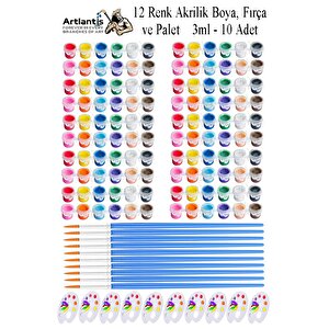 Akrilik Boya 3 Ml 12 Renk Resim Fırçası Ve Paleti 10 Paket Mini Küçük Akrilik Boya Taş Ahşap Seramik Tuval Alçı Tuval